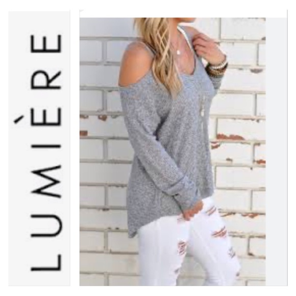 LUMIERE Gray Cold Shoulder Sweater V-Neck Donegal Knit Size S - Picture 4 of 10